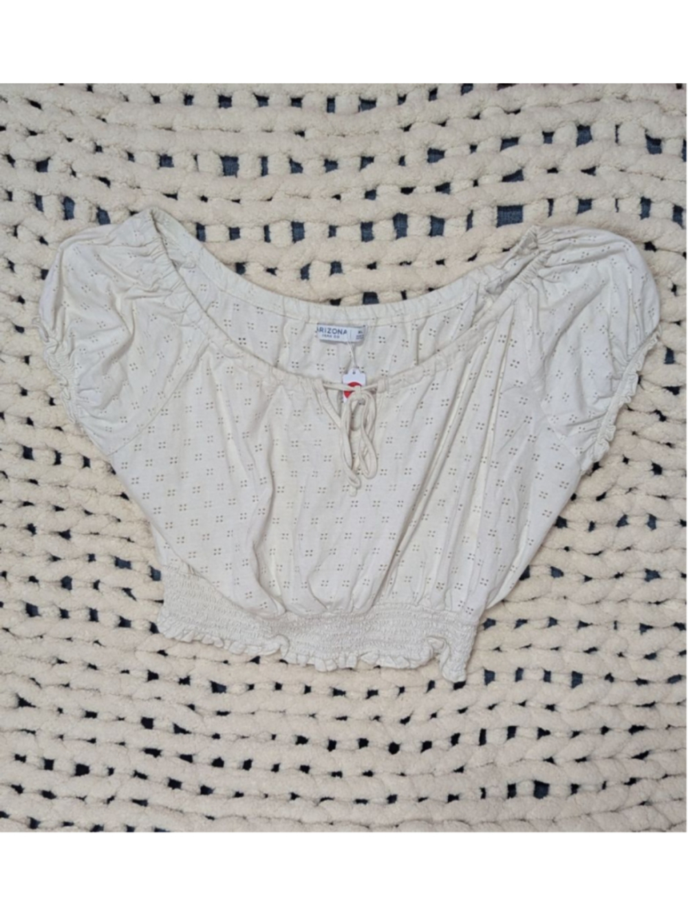 Arizona Jean Co Women's White Eyelet Smocked Crop Top XL Cottagecore Peasant